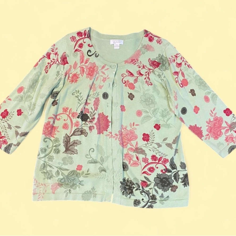 Christopher & Banks Mint Knit Cardigan with Pink Floral Detail